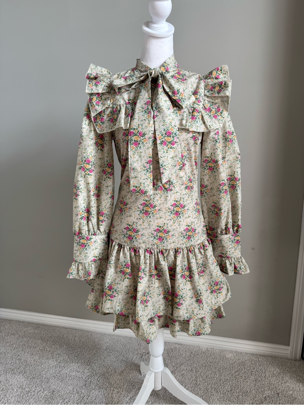 TCEC Floral Puff Sleeve Midi Dress with Tie NWT